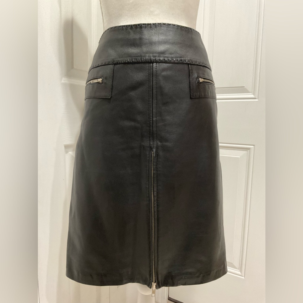 Cach Black Soft Genuine Leather Lined Pencil Skirt, Size 10
